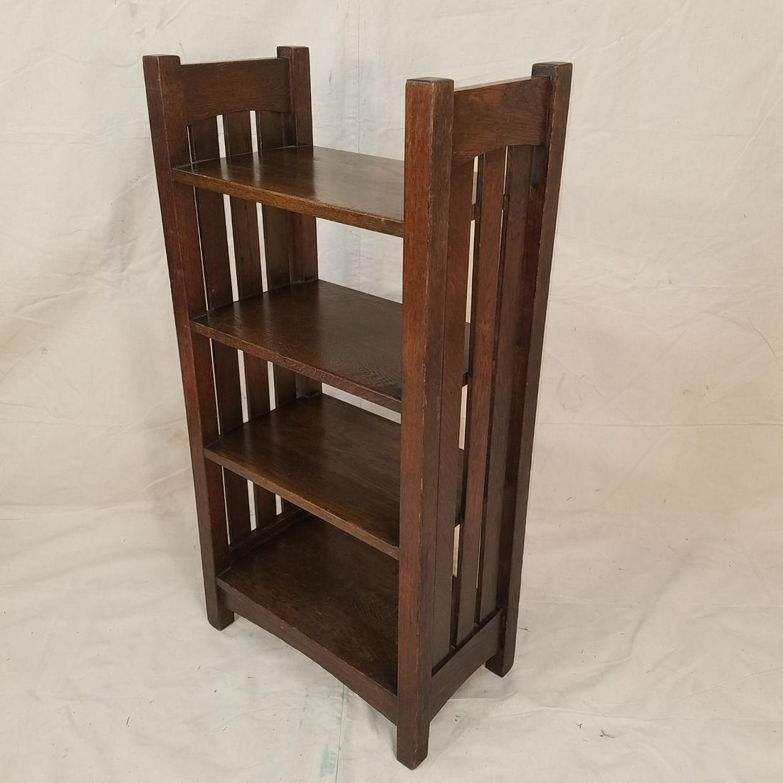 L & JG Stickley Oak Magazine Stand: Antique Arts & Crafts Mission Oak magazine stand by L & JG Stickley. Marked on underside of bottom shelf w/ crayon production number 46. Size is 42" tall, 21" wide, 12" deep. Likely old refinish. F