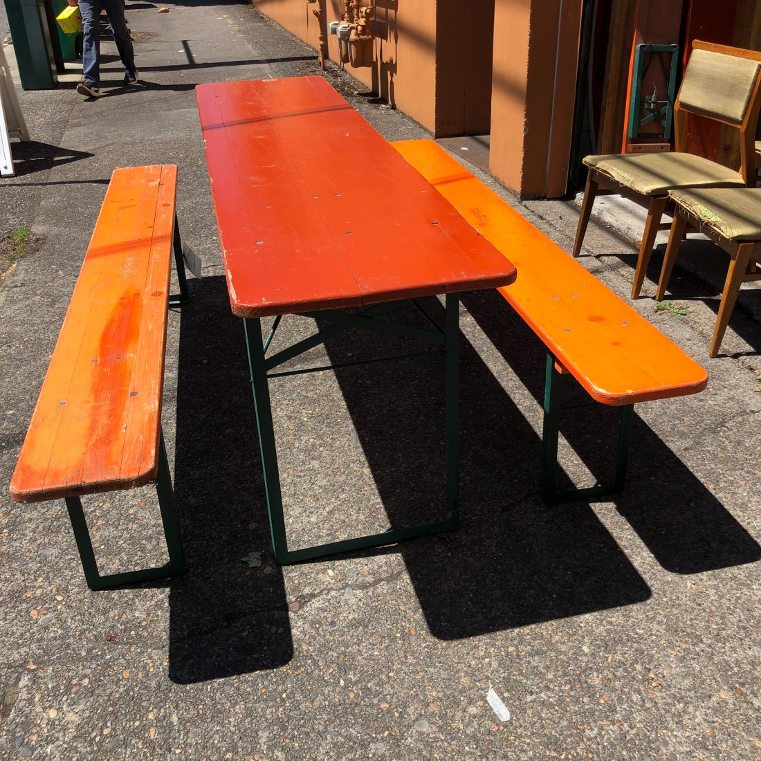 3 Pc. Beer Garden Set, Germany: 3 Pc. Beer Garden Set, Germany consisting of a folding table and 2 benches. Original painted wood stamped from their original garden c.1950's Measures T: 86.5" x 19.5" x 30" B: 86.5" x 9.5" x 19"