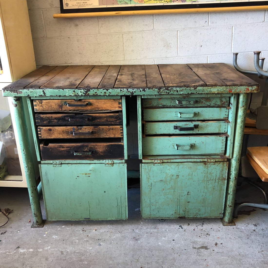 1940's Steel and Wood Workbench, Netherlands: 1940's Steel and Wood Workbench, Netherlands, from a closed factory in the Netherlands. All original Measures 55"x 29" x 37.5"