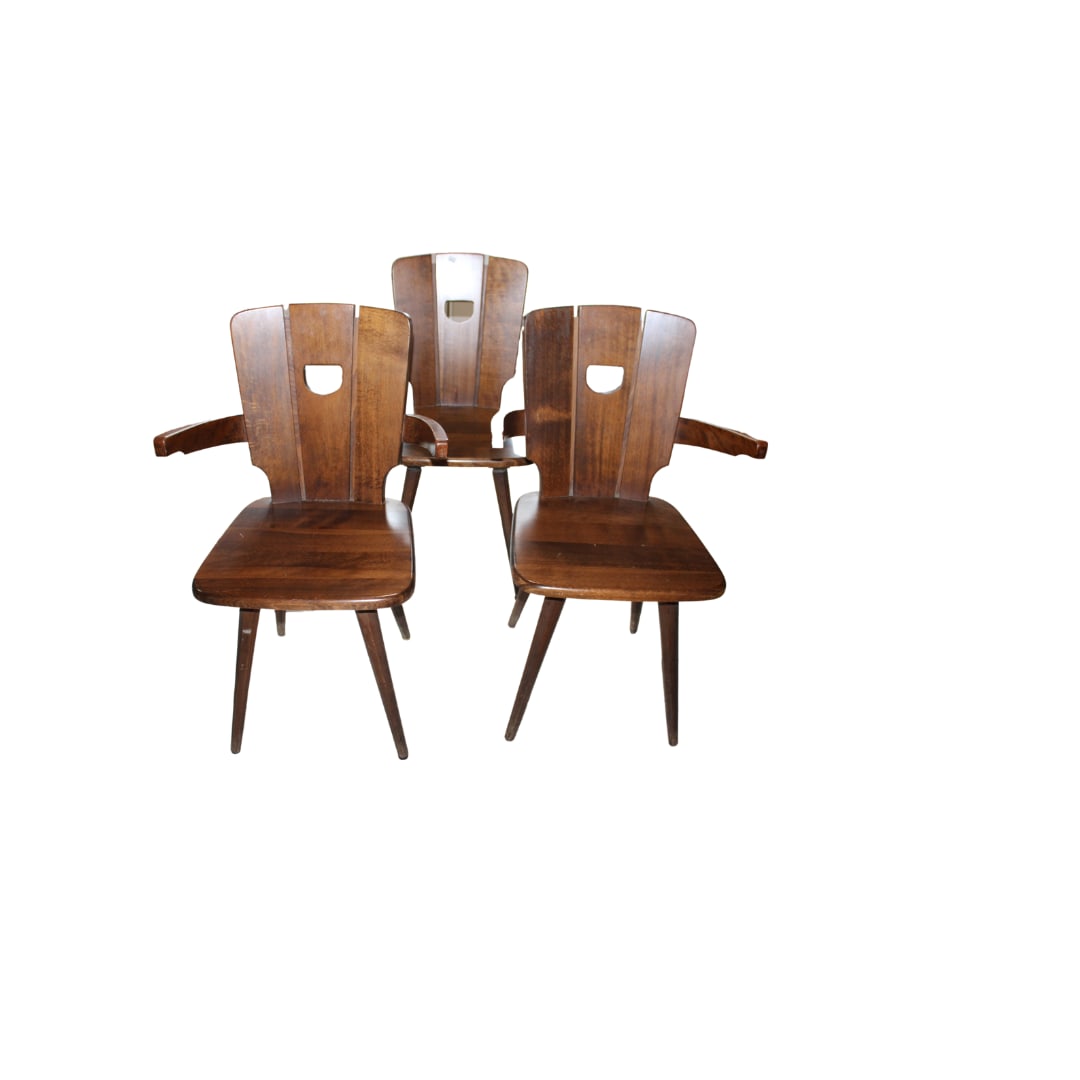 Set of 3 Brutalist Arm Chairs, Attributed to Pierre Chapo, France: This set of French Brutalist Arm Chairs are attributed to famed designer Pierre Chapo. All in excellent shape and condition Measures 34" x 21" x 19" SH:18