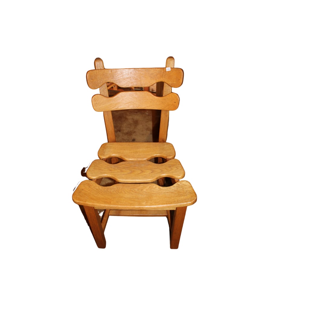 Set of 4 Brutalist dining Chairs, Nederlands: This is a set of 4 solid Oak frames with solid wood seat. They are done in the manner of Charles Dupouyt. Nice heavy and comfortable chairs. Measures 34" h x 20" w x 21.5" d SH: 17" Condition is excel