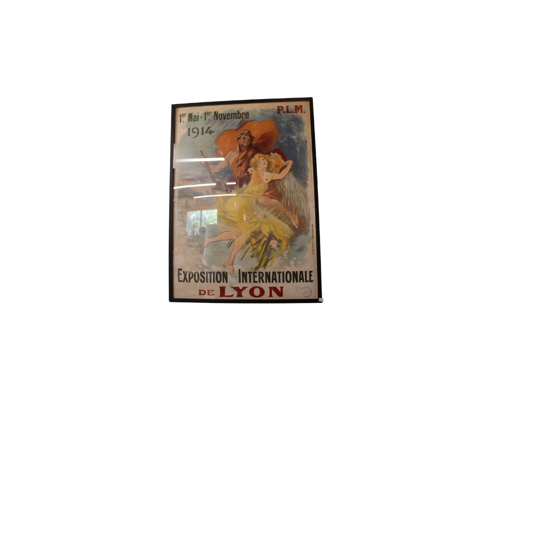 Poster Exposition International De Lyon - 1914, France: Poster Exposition International De Lyon - 1914, France Linen backed and framed. Art by Cheret Condition is just perferct Measures 42" x 30.5" ( frame)