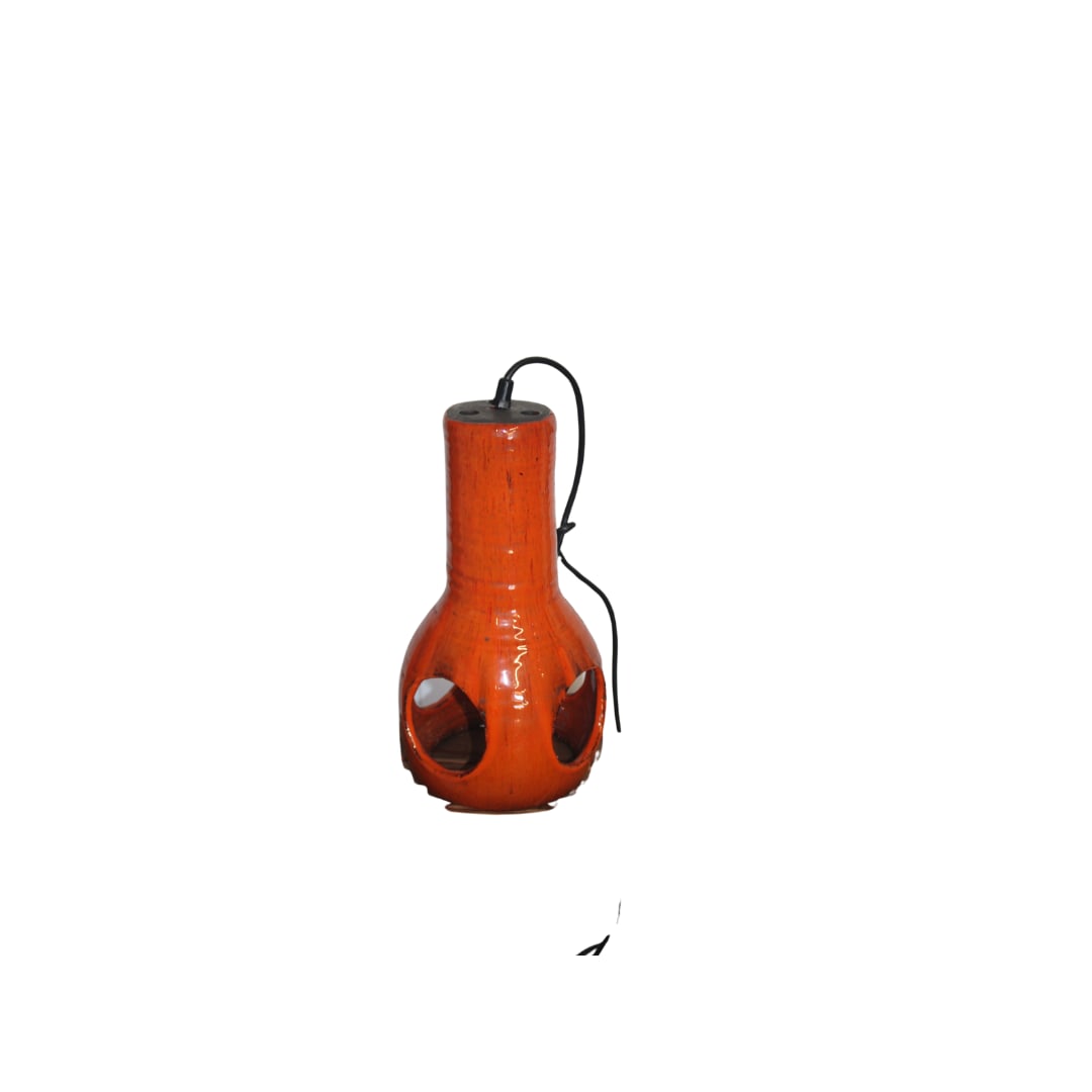 Ceramic Pendant, Netherlands: Ceramic Pendant, Netherlands shown in classic Dutch color of Orange, this larger pendant is definetly a stunner. Thick lava glaze and standard socket Condition is great Measures 14"h x 8" D