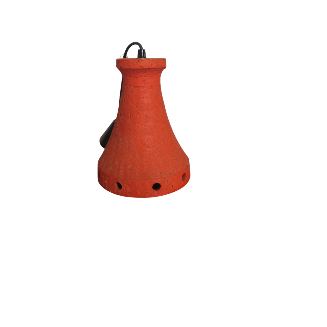 1960s Ceramic Pendant, Netherlands: 1960s Ceramic Pendant, Netherlands is done with out a glaze. This Bell Shaped classic is in the Dutch color of Orange, Unknow artist and maker. Standard Bulb Condition is great Measures 8.5" x 8" D