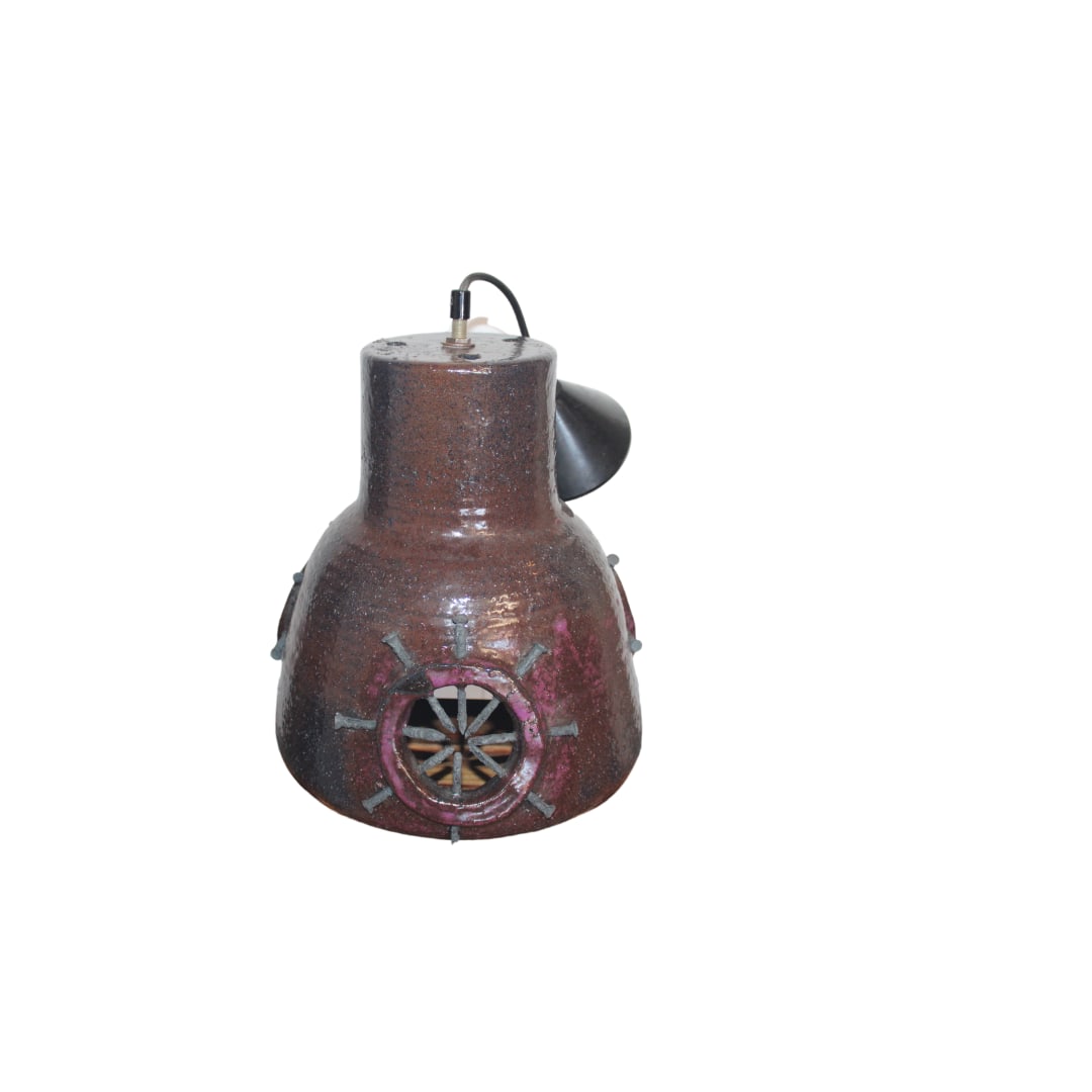 Lg. Mixed Media Pendant, German: Lg. Mixed Media Pendant, German Circa 1960s this pendant is imagined with iron nails embedded in it giving that brutal look, deep purple color all original standard bulb Measures 12" h x 10" D