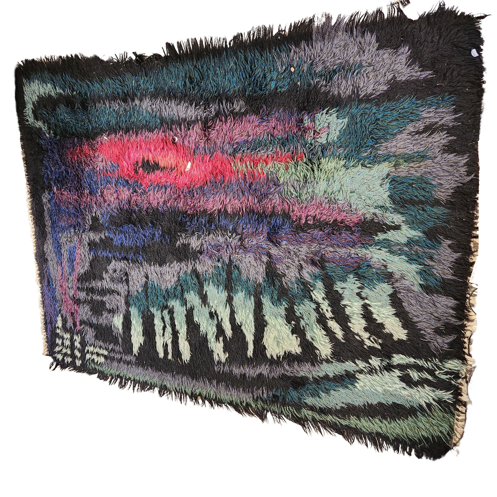 EGE RYA Abstract Shag Carpet, Denmark: EGE RYA Abstract Shag Carpet, Denmark c. early 1970s. Hand tied wool wool carpet. No stains No discoloration. Colors are bright and no snags Measures 80" x 60" x 1" Condition is excellent with wear co