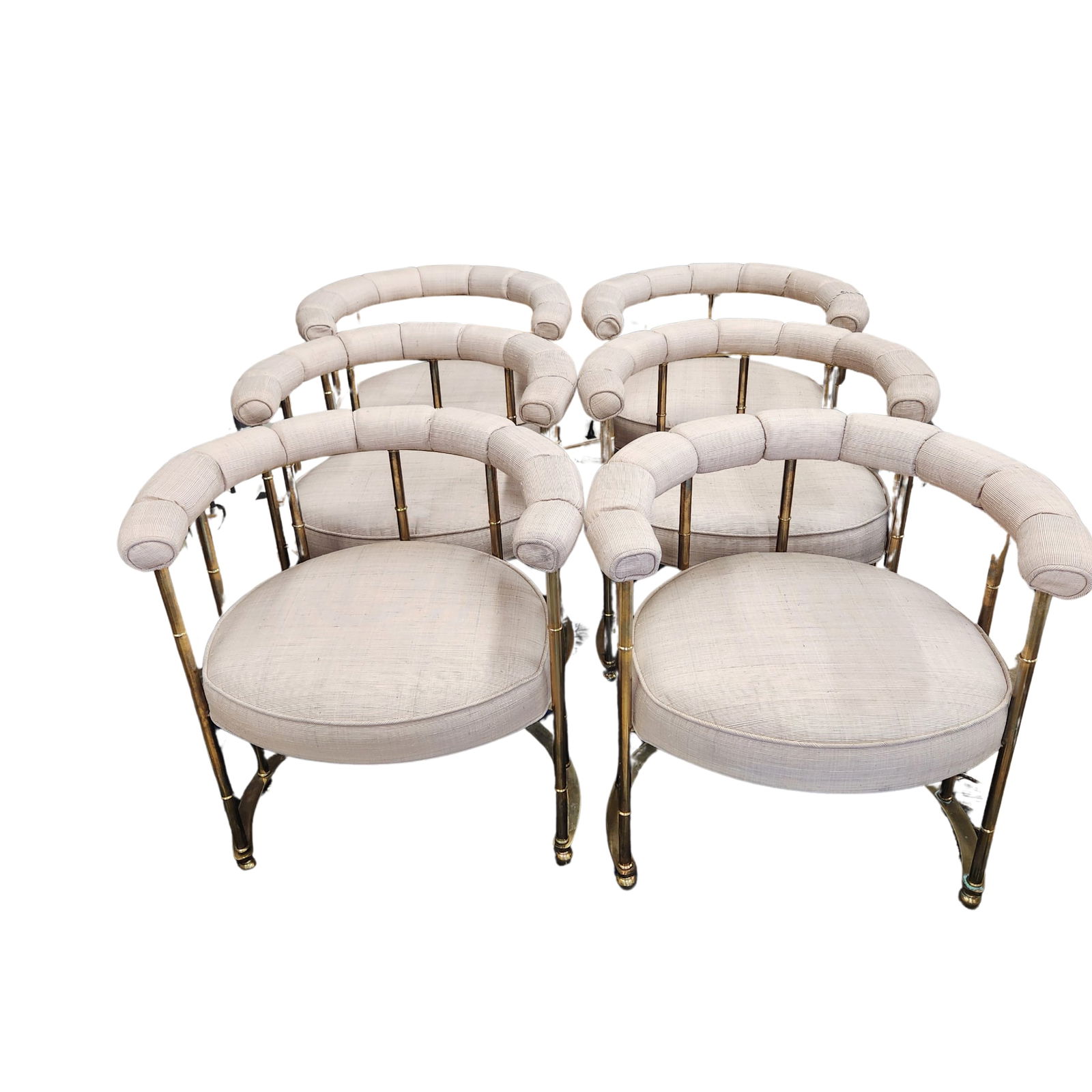 Set of 6 Mastercraft Brass ans Silk Dining Chairs, USA: Set of 6 Mastercraft Brass ans Silk Dining Chairs, USA c. 1980, these outstanding statement chairs are ready to be personalized Condition of frames is amazing and the upholstery has no rips or tears b
