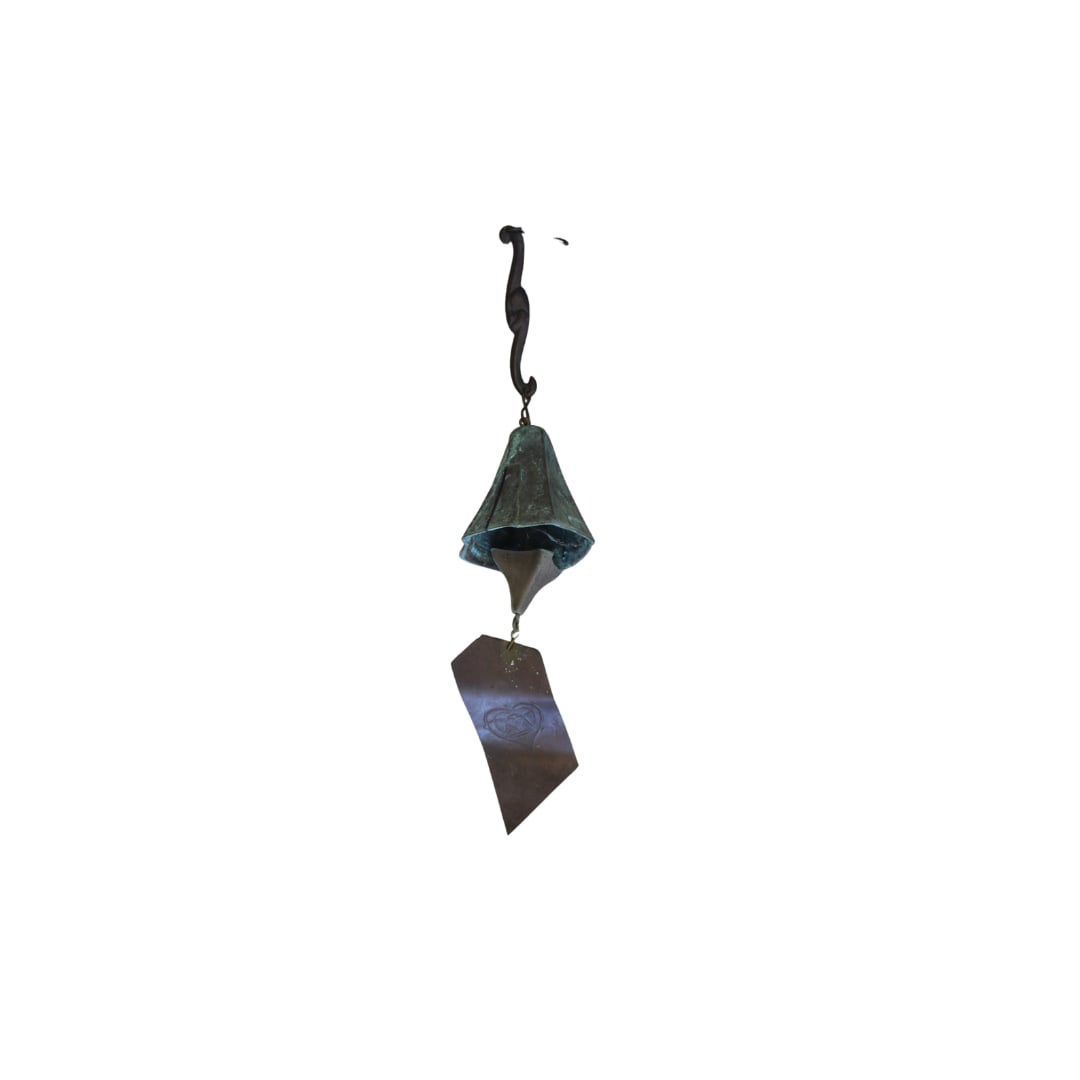 Paola Soleri Bronze Wind Chime, Italy: Paola Soleri Bronze Wind Chime, Italy Single bronze bell with sea shell motif 24" by 5"