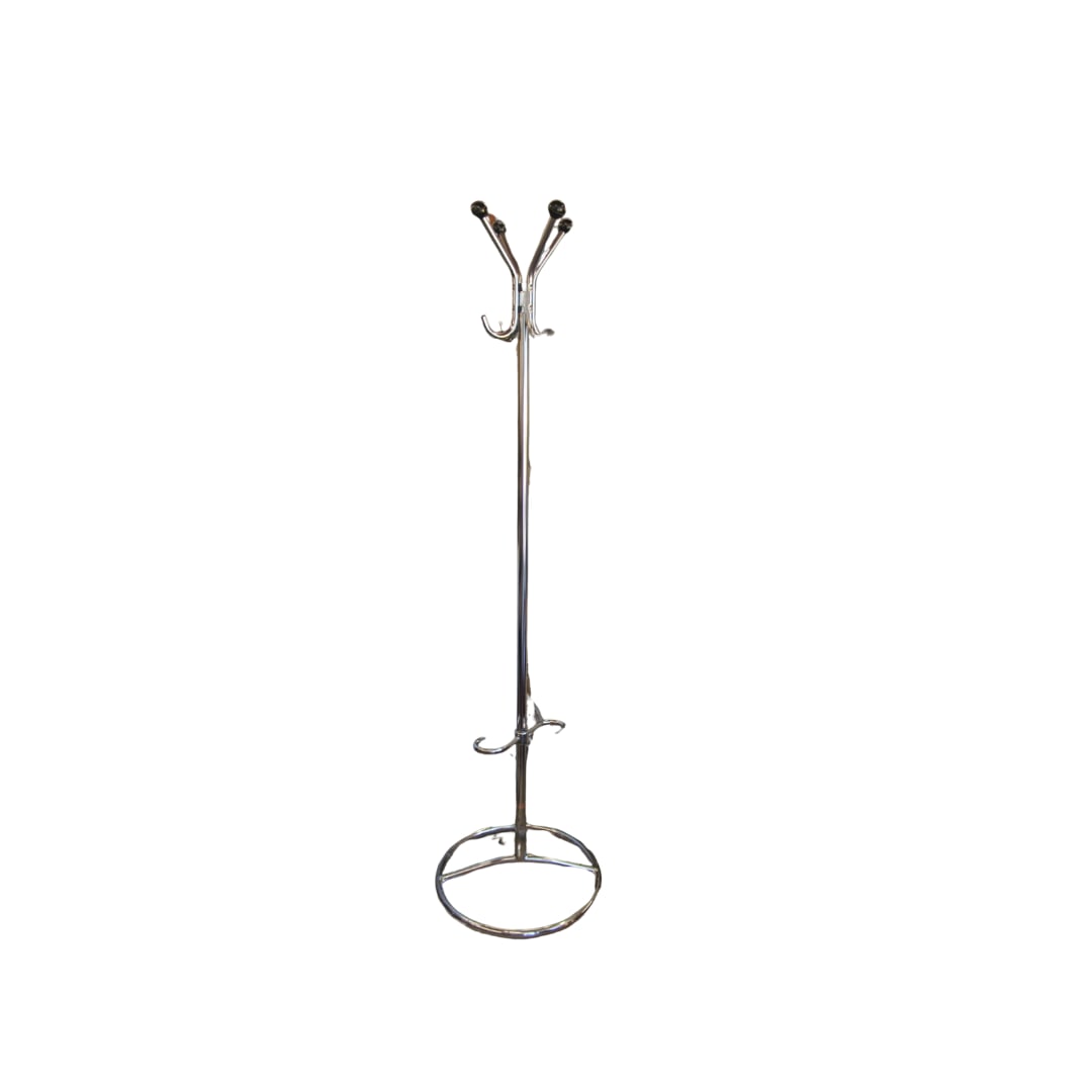 Chrome Hall Stand, Denmark: Chrome Hall Stand, Denmark with black ball caps and a swivel cane and umbrella holder Measures 72" x 19" d