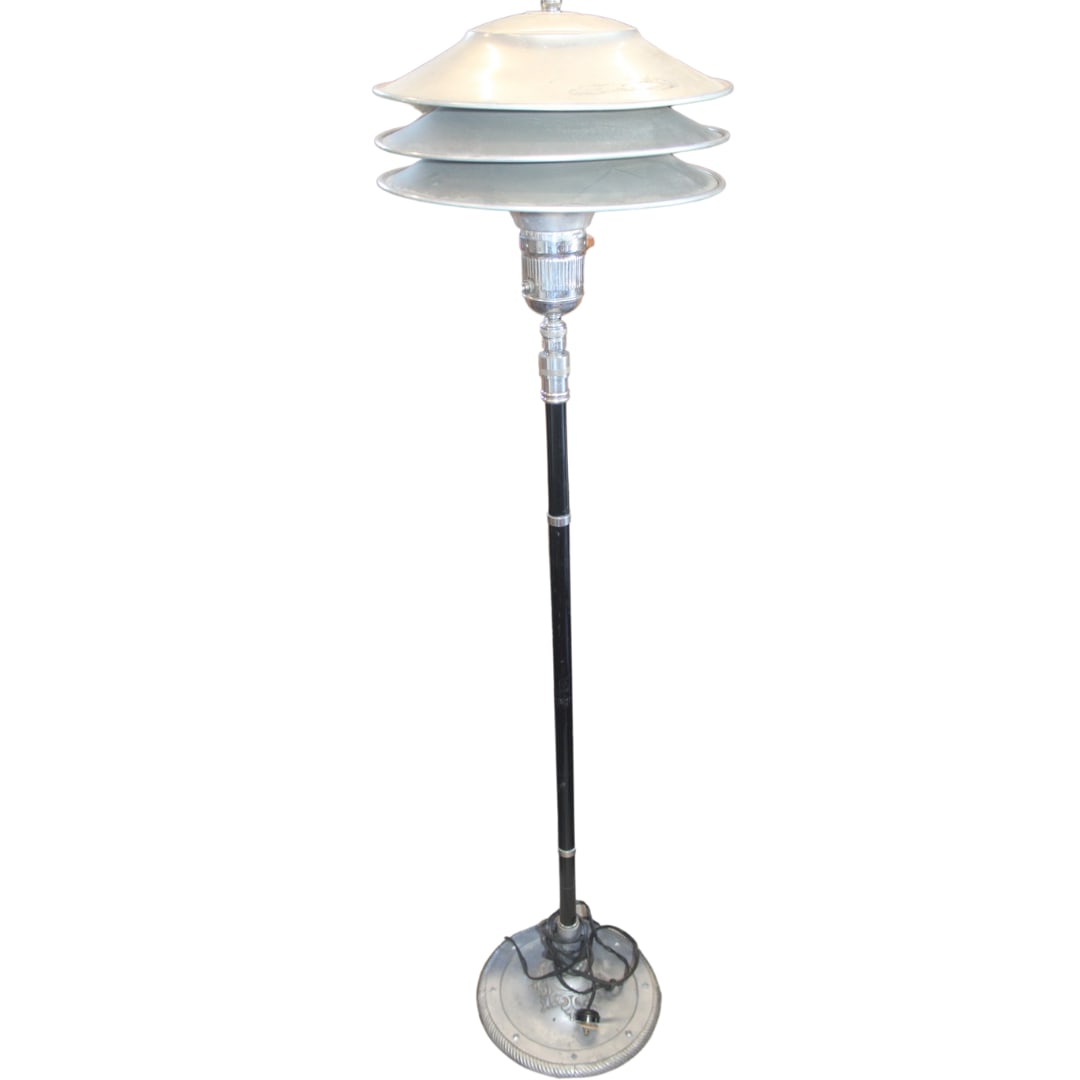 Gilbert Rohde "Mutual Sunset" Floor Lamp #3887, USA: Gilbert Rohde "Mutual Sunset" Floor Lamp #3887, USA. Designed in 1931. In chrome and black steel. Tested, works. Condition is excellent. Full Height 78", Min height 51", Base 12"