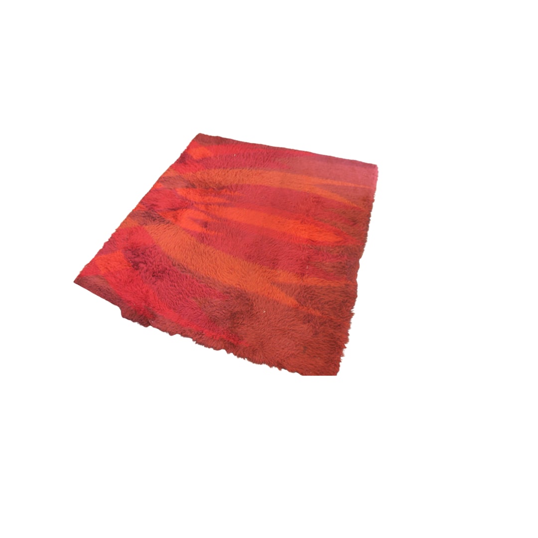 EGE RYA Abstract Shag Carpet, Denmark: EGE RYA Abstract Shag Carpet, Denmark In a blend of warm colors this abstract Rya is in great condition Shag is in great shape. Measures 65" x 77"