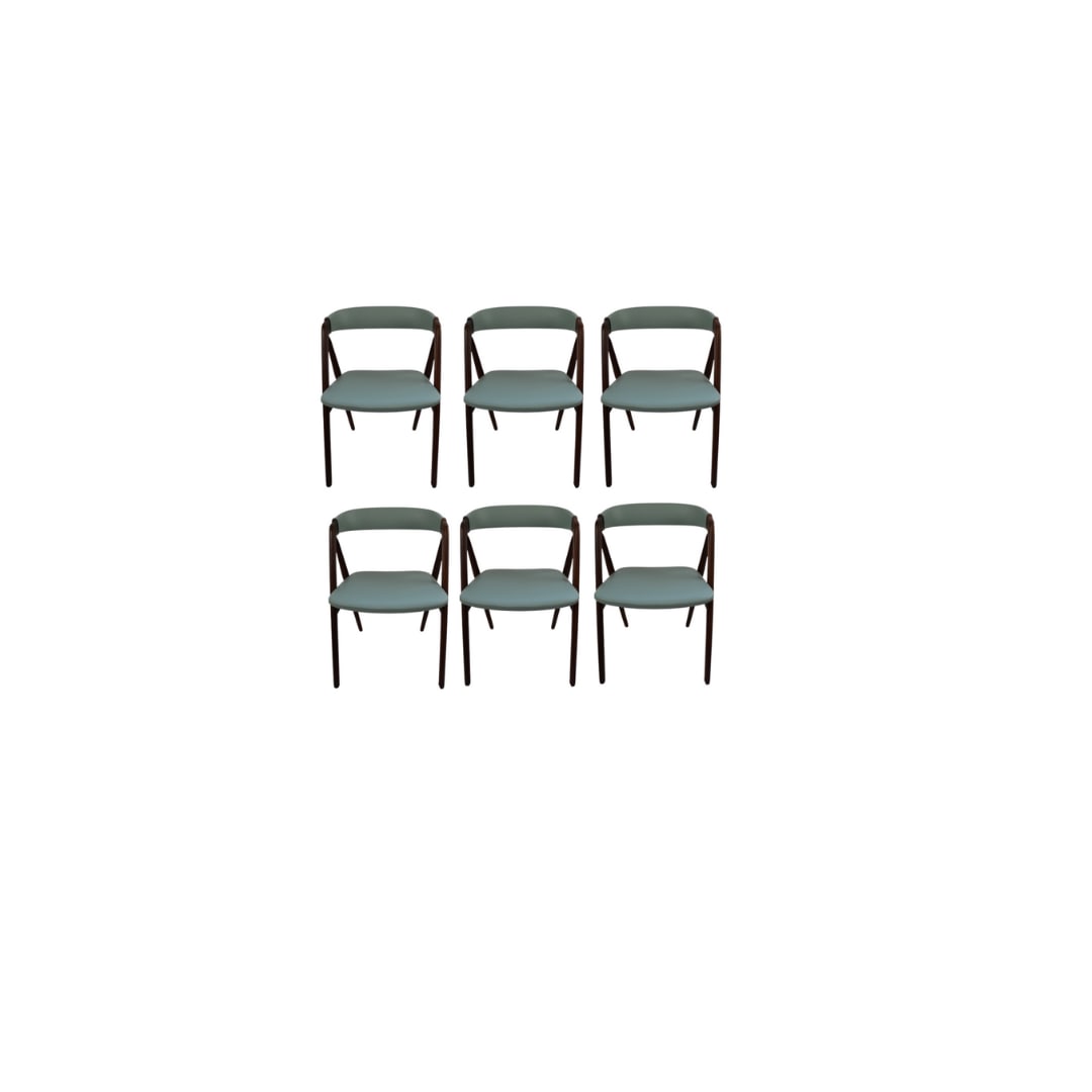 Set of 6 Dining Chairs by Kai Kristiansen, Denmark: Set of 6 Dining Chairs by Kai Kristiansen, Denmark. Afromasia and Walnut reuhpolstered in Italian leather. Scuff on top of back rest. Comes with leather for repair. H: 28.4" w: 20" d: 17" sh: 17"
