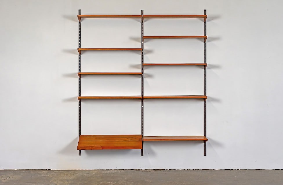 Kai Kristiansen 2 Section Wall Unit, Denmark: Kai Kristiansen 2 Section Wall Unit, Denmark Immaculate original finish, all shelves, 2 light box shelves, Everything there to install Condition is excellent Measures 85.5" x 69" x 12"