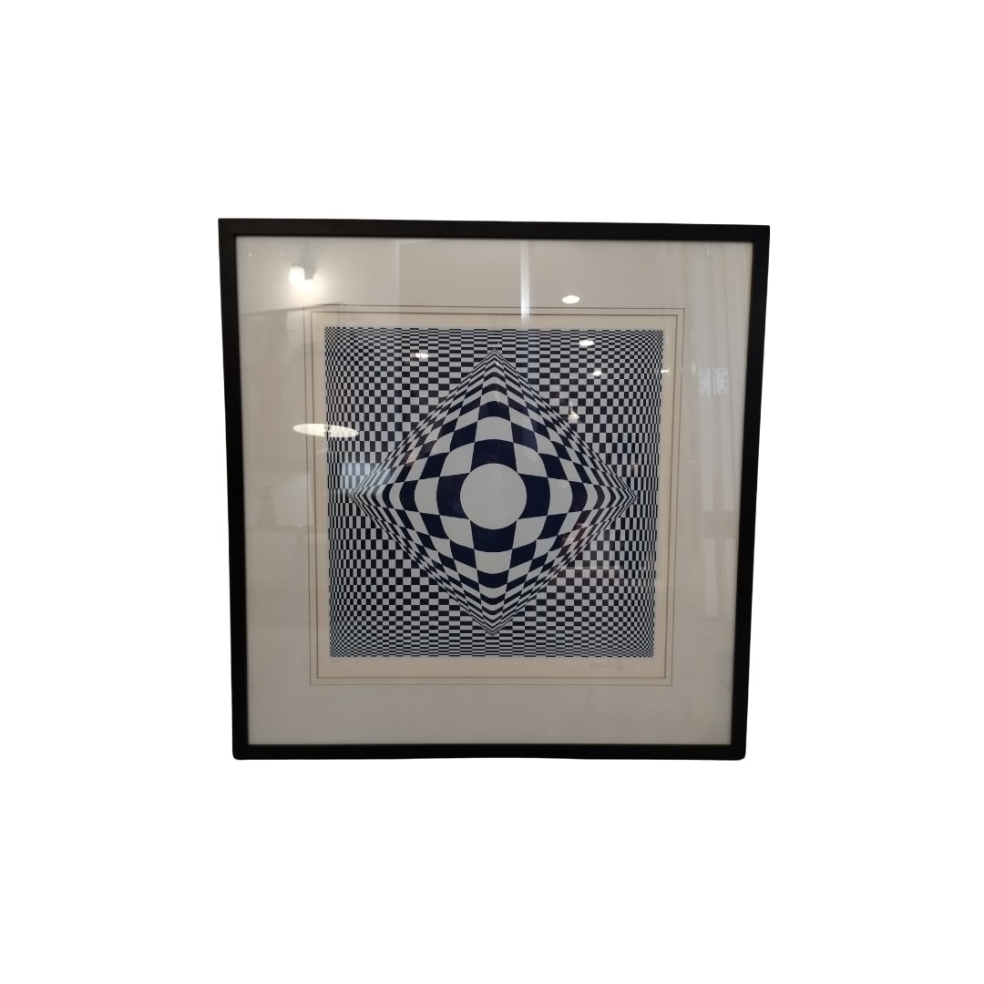 Victor Vasarely "Vertigo" Lithograph: Victor Vasarely "Vertigo" Lithograph Signed and numbered framed , no glass, Condition is a few marks in the center of field, some color loss can be restored Measures 23.5" x 23.5"