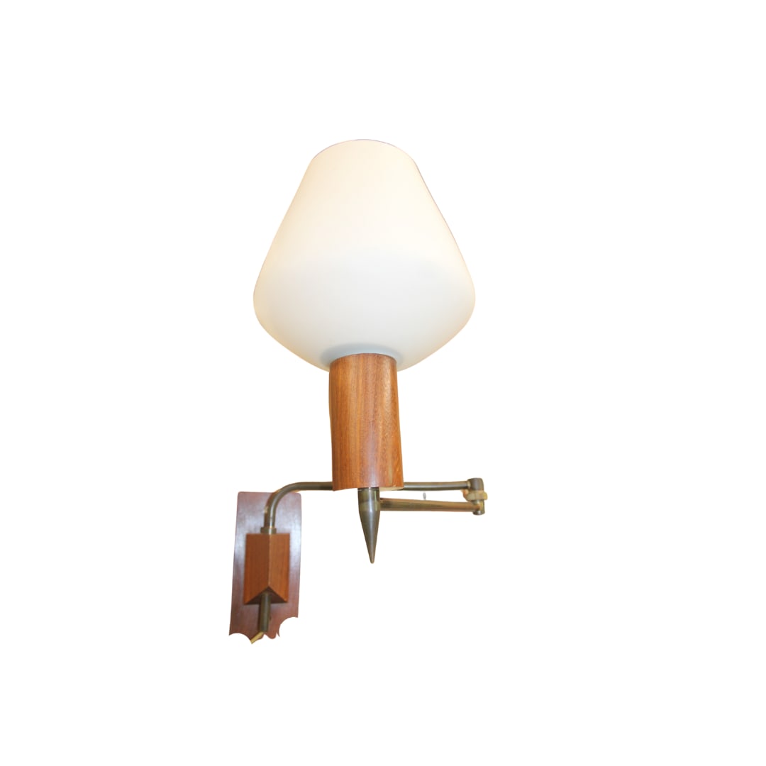 Teak and Glass Extending Wall Sconce, Denmark: Teak and Glass Extending Wall Sconce, Denmark Original shade, arm is in good condition, Works, Measures 15" x 6"x 22"