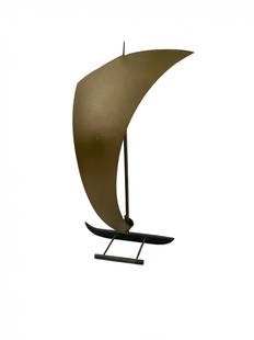 Vintage Richard Rohac RR Bronze Outrigger Sailboat: Nice Austrian bronze stylized boat sculpture signed RR (Richard Rohac). Measures at 12 3/4" tall x 7 1/4" wide x 4" deep.