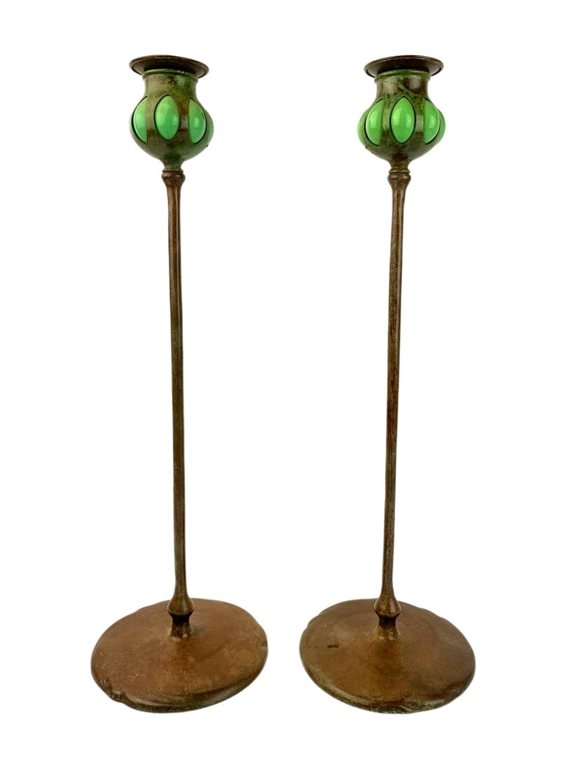 Antique Art Nouveau Bronze & Glass Candle Stick Pair (1 of 7)
