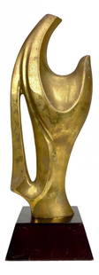 Abstract Modernist Brass Sculpture by Alain Chervet: Vintage Abstract modern brass sculpture on wood base. Attributed to French designer Alain Chervet, unsigned. Measures at 6 1/2&#698;W × 5 3/4&#698;D × 19&#698;H.