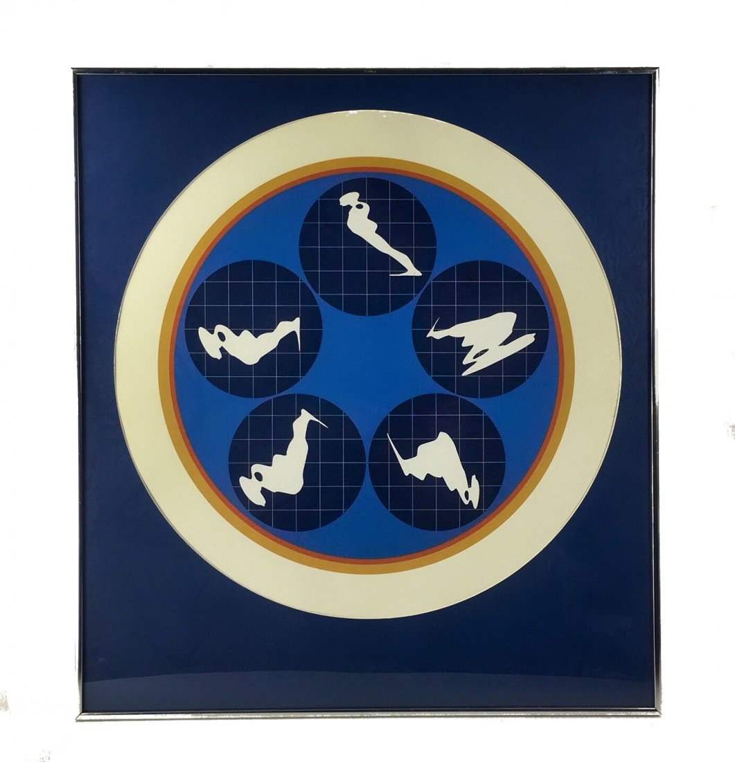 Vintage Ernest Trova Falling Man Going Abstract: Classic Torva Falling Man silkscreen print framed and matted with metal frame. Good overall condition with some light frame wear. Measures 29 1/4" x 32 1/4" with 25" diameter art window.In-house domes