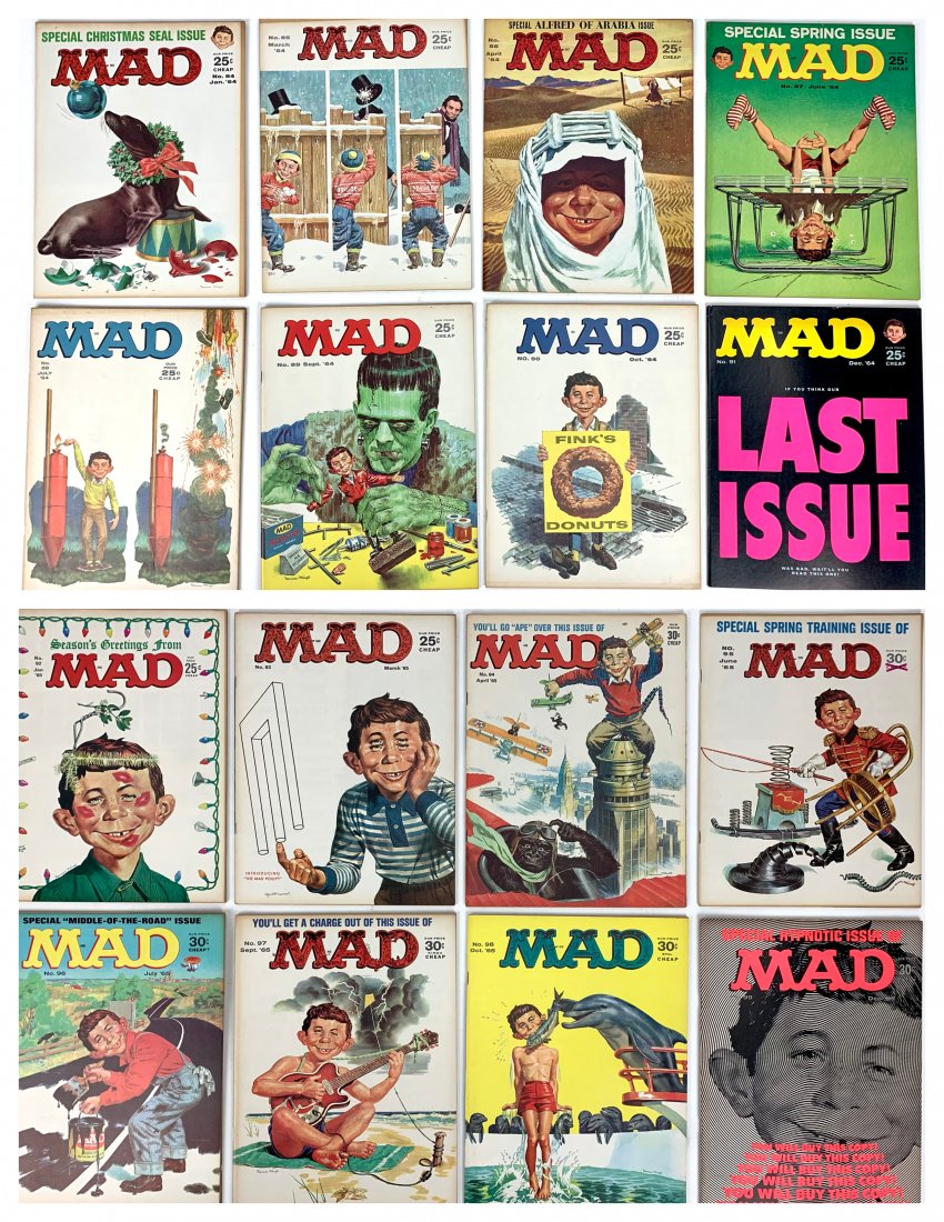 1964 & 1965 MAD Magazines Group: Group of MAD Magazines from 1964 and 1965. Some signs of edge wear and tanning. In-house domestic shipping $25.