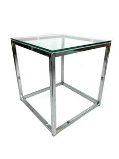 Milo Baughman Style Stainless Cube Side Table: Vintage chrome/ stainless base side table with glass top. In the manner of Milo Baughman. Measures 19" x 17 3/4" x 17 3/4"