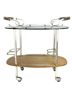 Fontana Arte Style Italian Sculptural Bar Cart: Wood base with glass top and aluminum handles. Italian Hollywood Regency mid century modern piece. Measures