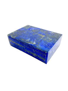 Lapis & Quartz Dresser Box: Unknown maker or designer. Rich blue lapis squares with gold flake and quartz or alabaster bottom. Great lidded dresser box. Measures 1 3/8" x 4 3/4" x 3 3/8"