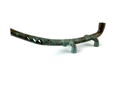 Jonathan G. Bonner Copper Alligator Candle Holder: Some light forced verdigris. Tail is made to hold a candle. Signed on bottom.