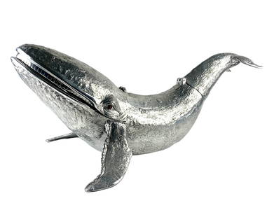 Arthur Court Large Aluminum Whale Punch Bowl: Rare vintage 1982 Signed Whale shape punch bowl in aluminum by Arthur Court. Hinged mouth and tail with faux jewel glass eyes. Measures 14 5/8" tall x 19 3/8" wide x 32 3/8" long.