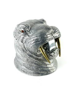 Arthur Court Vintage Aluminum Walrus Ice Bucket: Great signed Walrus ice bucket in Aluminum with brass tusks and faux jewel eyes. Stamped on bottom 1986. Measures 8 1/2" x 10" x 8 1/4"