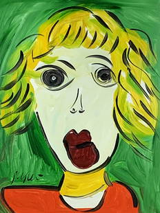 Peter Keil Painting Abstract Woman Portrait: Large Peter Keil signed blonde hair woman portrait abstract with found frame. Measures 26 3/4" x 38 1/2" total with a 22' x 28" painted portrait on paper.