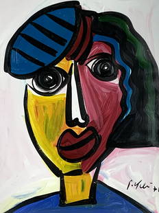 Peter Keil Abstract Woman with Hat Painting: Large Peter Keil signed woman with barret hat abstract circa 1972 in a found frame. Measures 27 1/2" x 36 1/2" total with a 22" x 28" painting on paper.