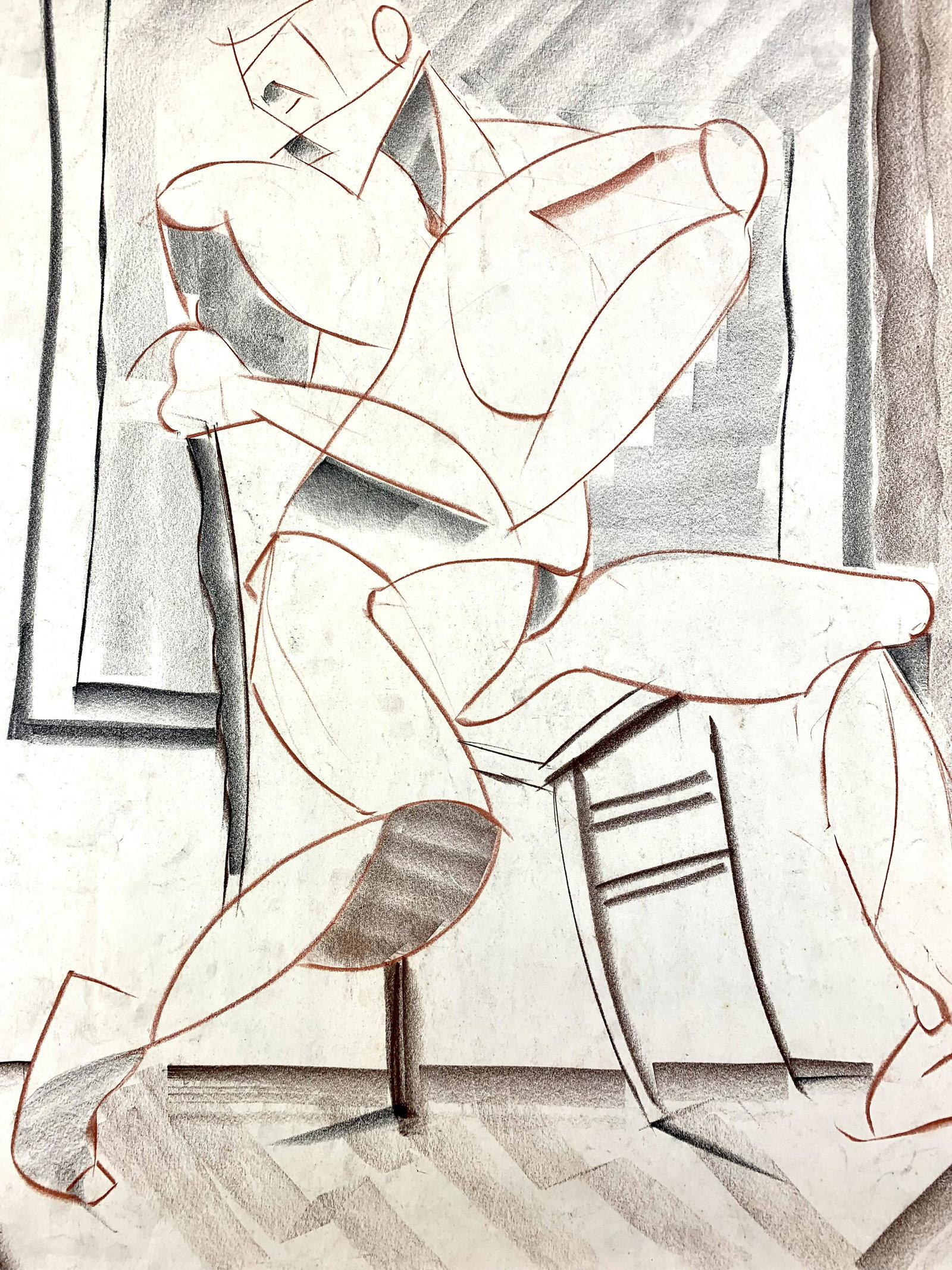 Vintage Abstract Male Nude Cubist Charcoal Art: Multi color charcoal drawing on paper by unknown artist. Cubist abstract form. Measures 18 1/8" x 21 1/4"