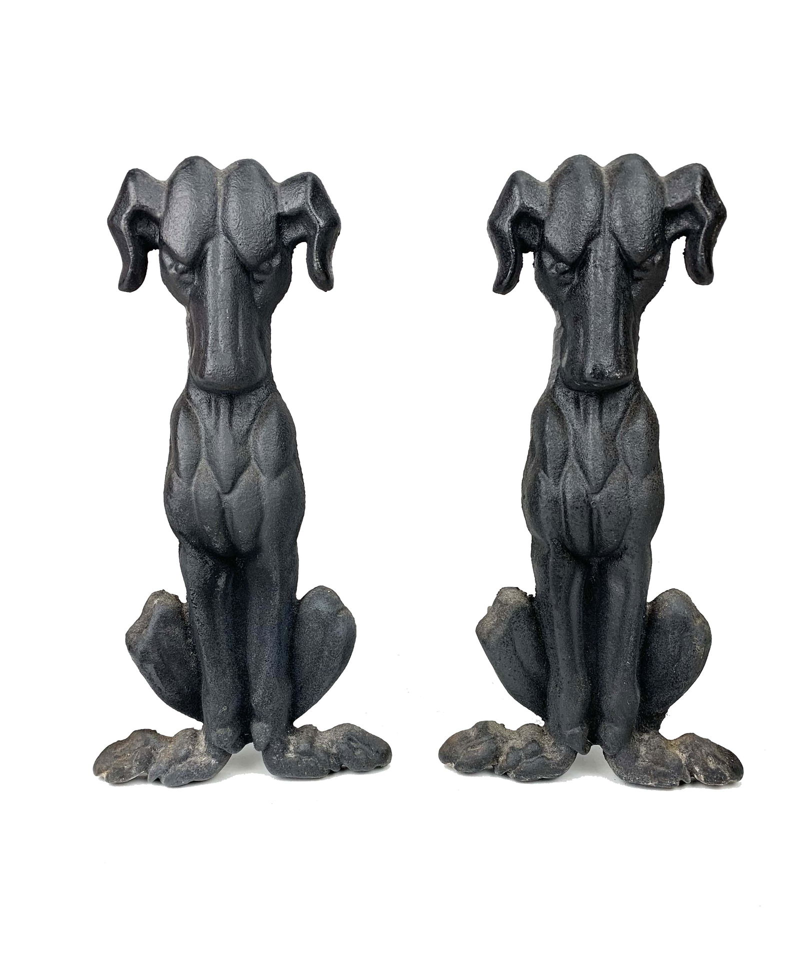 Vintage Cast Iron Dachshund Fireplace Andirons: Vintage dog cast iron fireplace andirons. Original period piece. Measures 13" x 14 1/2" x 7" each.