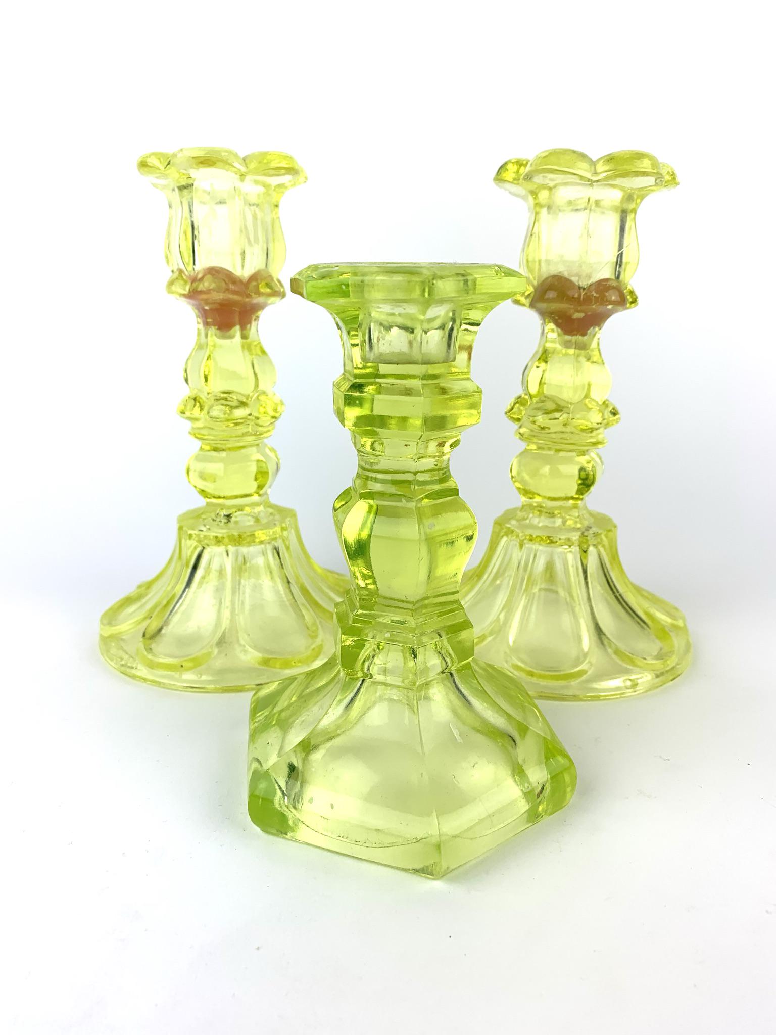 Antique American Vaseline Glass Candlesticks (1 of 6)