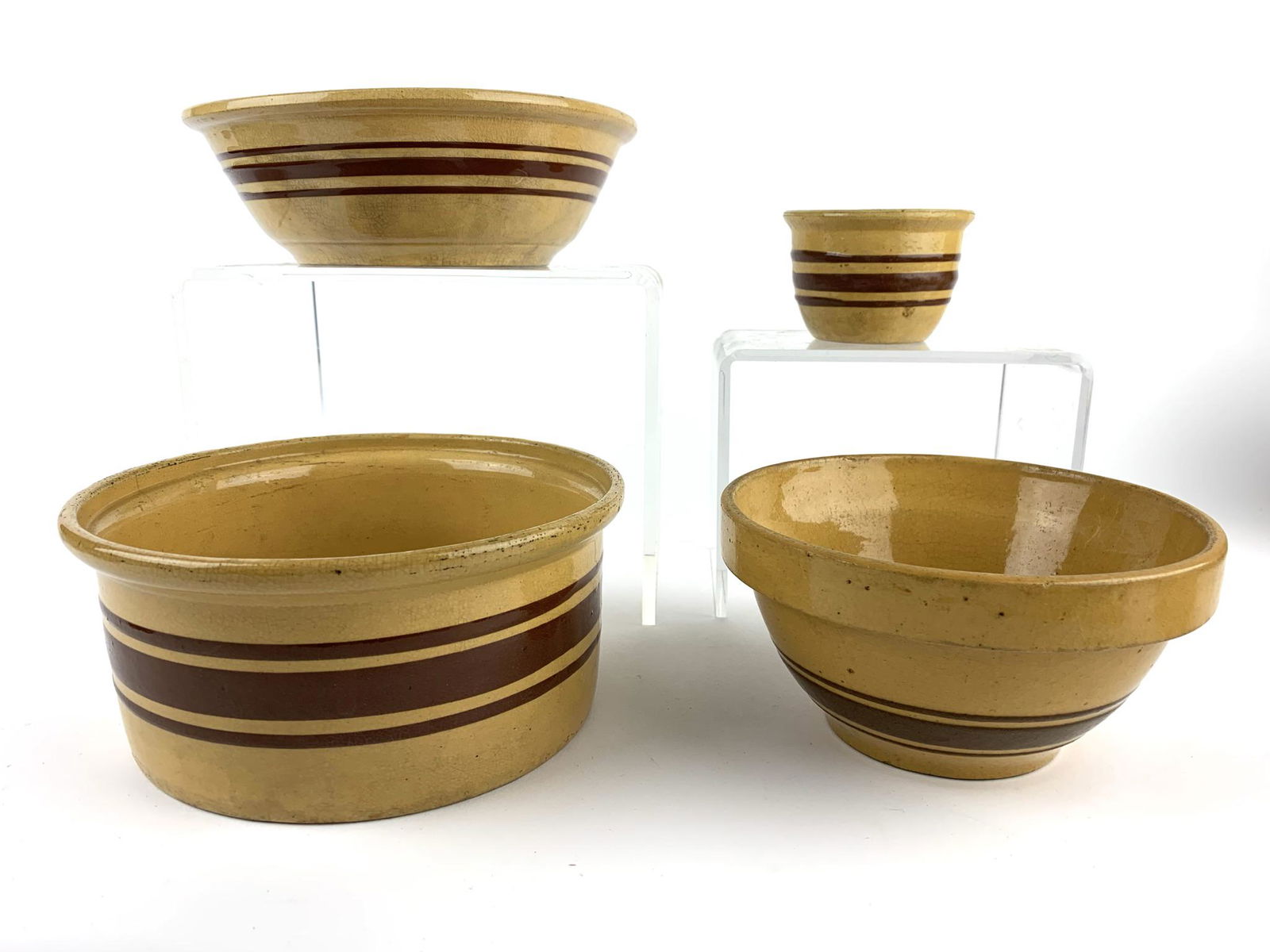 4 Antique Yellow Ware Bowls Brown Stripe (1 of 8)