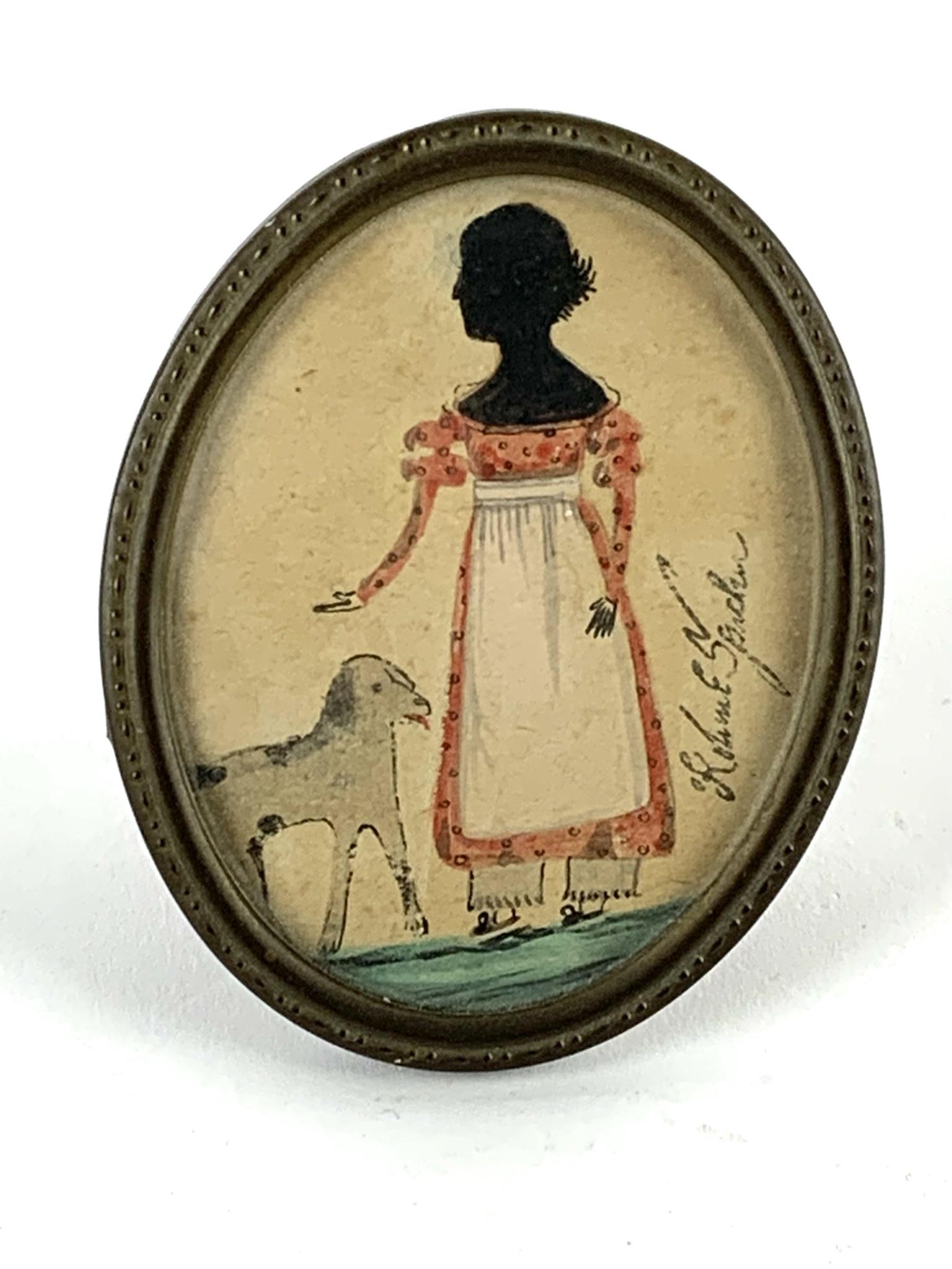 Antique Folk Art Water Color Girl Silhouette Miniature (1 of 6)
