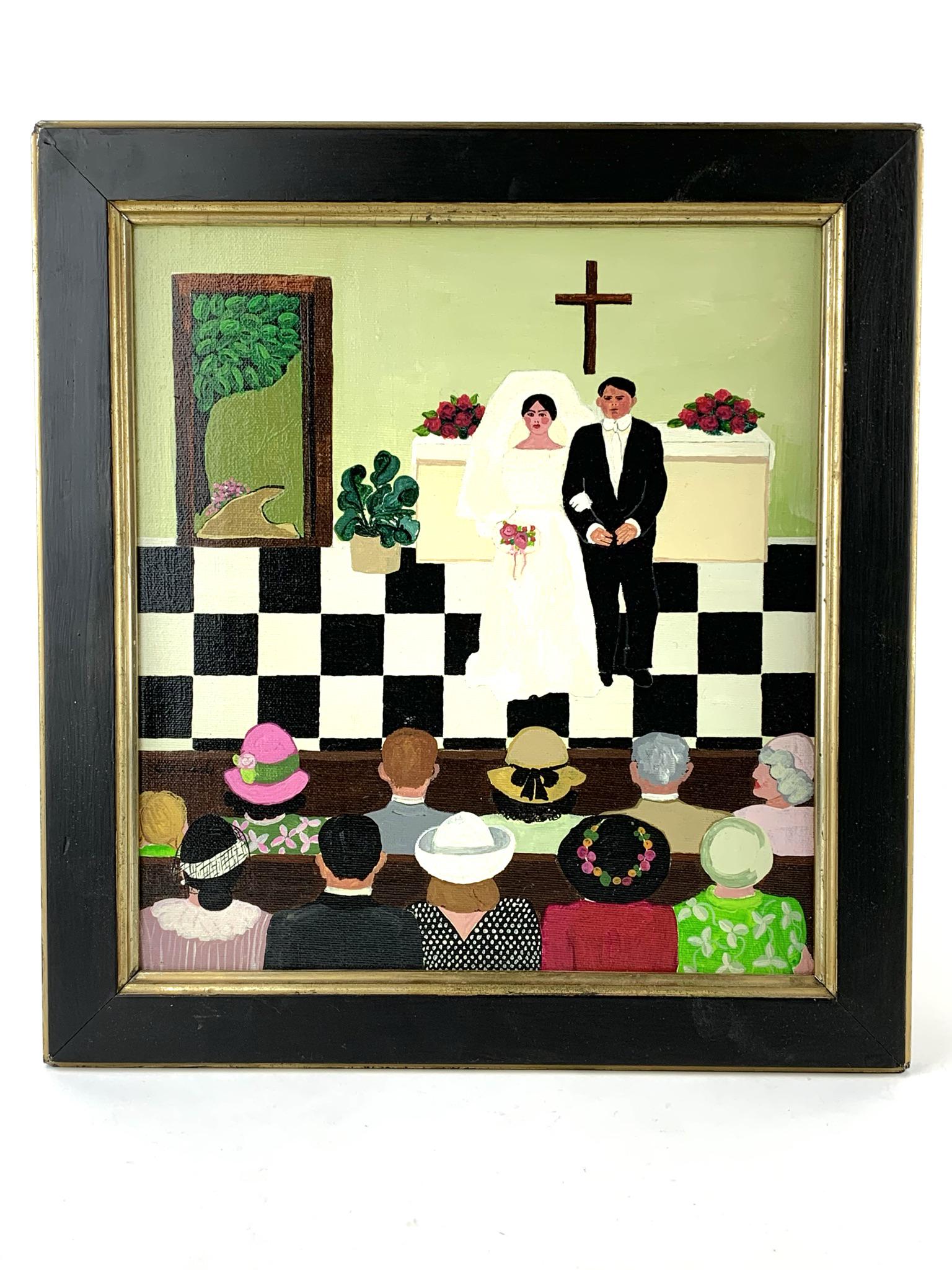 Mexican Folk Art Wedding Painting by Quesada: Oscar or Luis Quesada Mexican folk art painting on canvas with antique frame. Signed lower left. Measures 13 5/8" x 14 3/4" total with a 11" x 12" canvas.