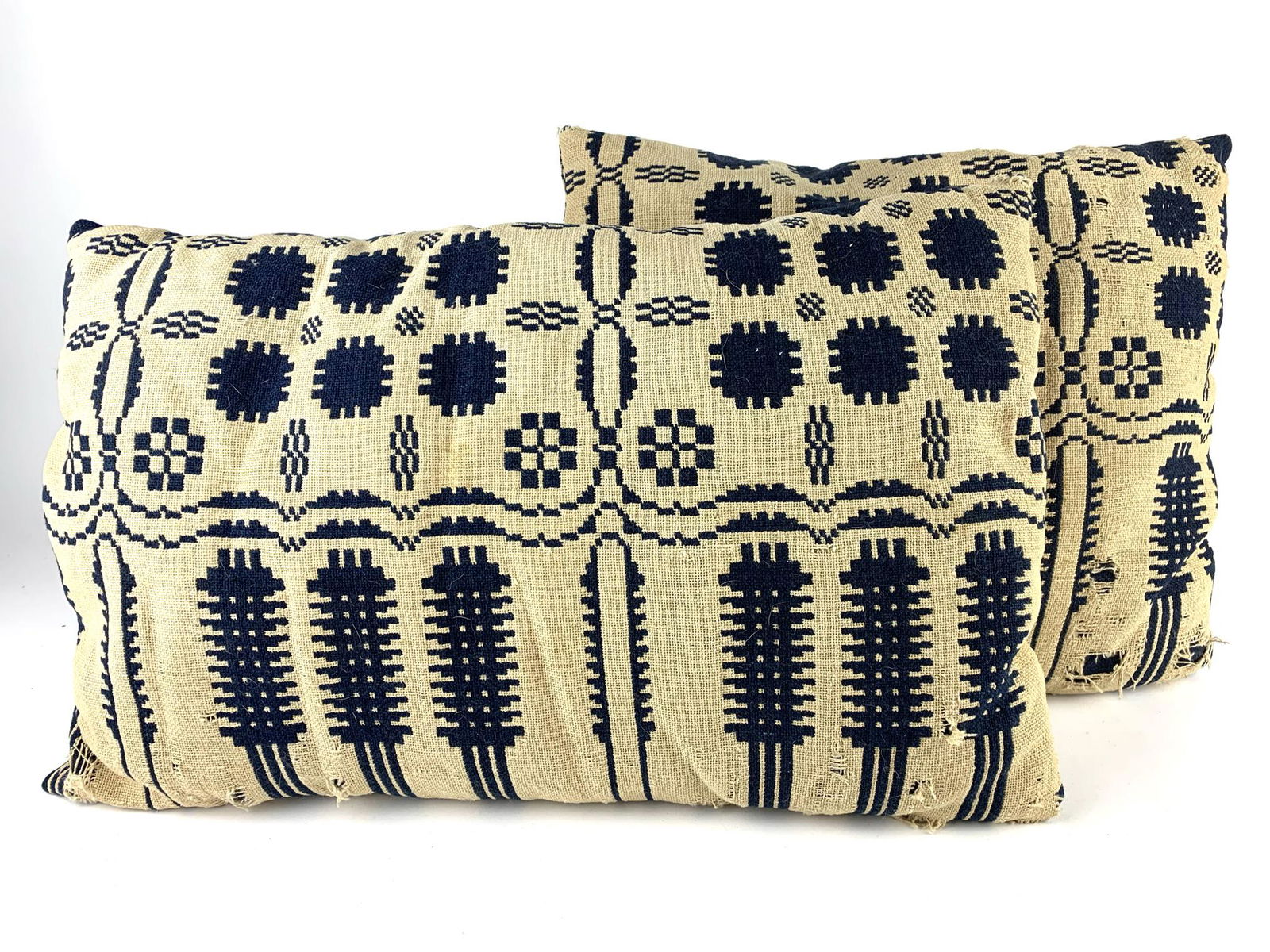 Antique White & Blue Jacquard Coverlet Pillows (1 of 8)