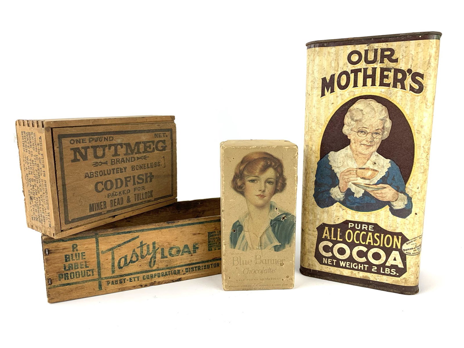 Antique Advertising Boxes & Tins: Group of Antique wood and tin food containers.