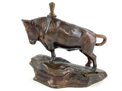 1920s Cast Copper Bull Striker Lighter: Cast copper or copper tone pot metal Bull striker lighter. Unknown maker - possibly Ronson. Measures 4 1/4" x 4 1/2" x 2 1/2".