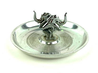 Art Deco Elephant Chrome Ashtray: Hamilton Product N.Y. Chrome ashtray with Elephants in center and cork bottom. Measures 2" x 4 1/4"