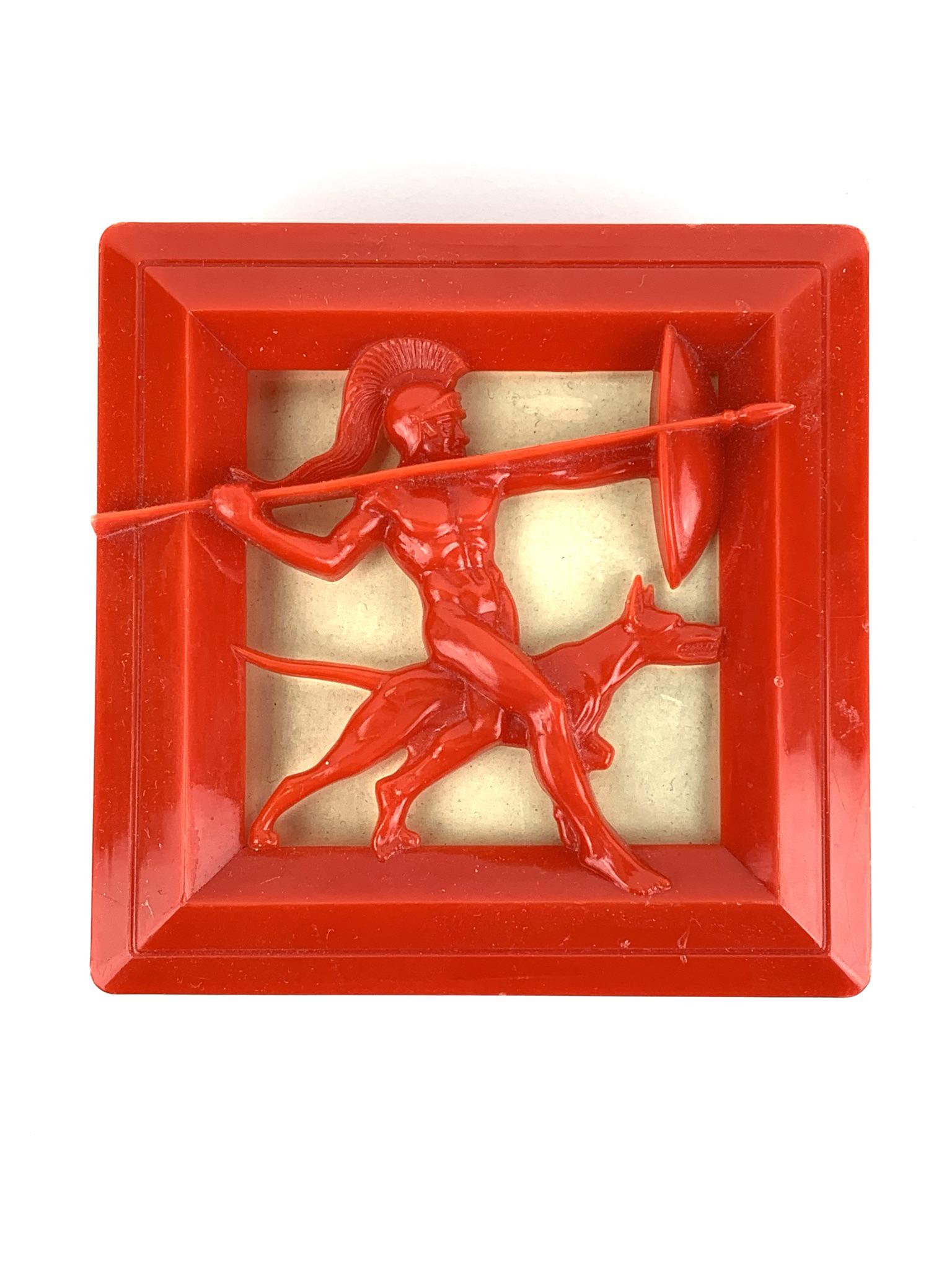 Art Deco 1930s HICKOK Red Roman Soldier Box: 1930's red and cream trinket box by HICKOK. Stamped on inside. Measures 1 5/8" x 3 3/4" x 3 3/4".