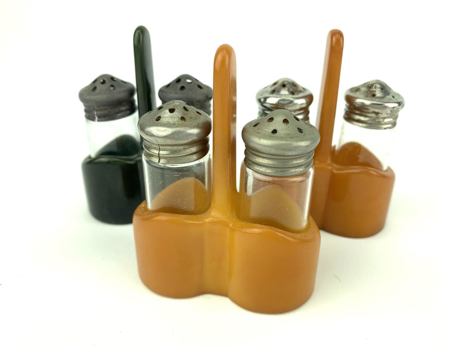 Butterscotch and Green Bakelite Salt & Pepper Caddy Lot (1 of 5)