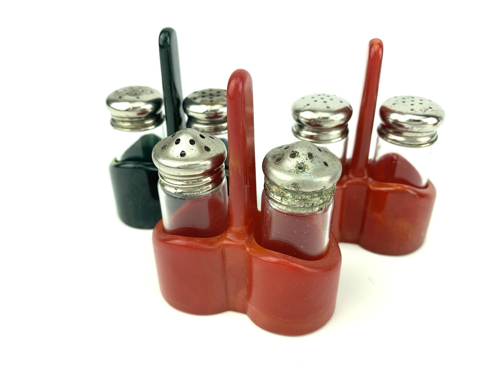 Red and Green Bakelite Salt & Pepper Caddy Lot (1 of 5)