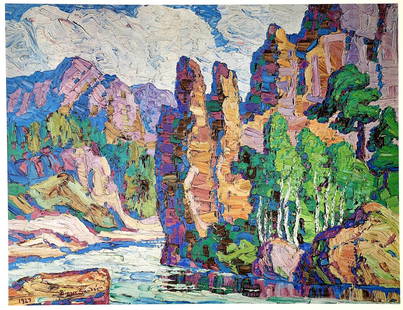 Birger Sandzen Red Rock Canyon 1981 Print: 1981 Gallery Elington print from the Collection of Les & Courtney L. Ruthven. Number 57/500. Measures 17" x 20 1/4"