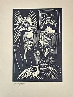 E.M. Washington 1930s Woodcut Expressionist Print: 1930 E.M Washington pencil signed woodcut print. Depicts a man and woman in cafÃ©. Print on light paper. Measures 12" x 16" total with a 8" x 10" center wood cut.