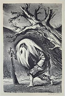 Vintage William Gropper 'Rip Van Winkle' Signed: William Gropper pencil signed "Rip Van Winkle" print. Black and white in thick paper taped to a foam board. Measures 12" x 16 "total with a 9" x 13 1/2" art center.