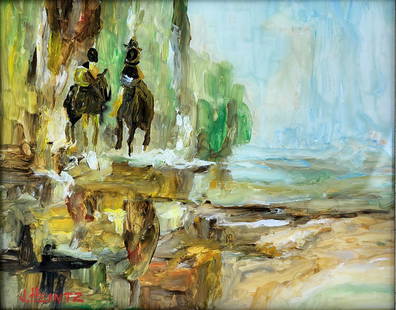 Jack Heintz Reverse Painted on Glass Art Horses: Impressionist painting of two people on horseback signed J. Heintz. Reverse painted on glass with bio on backside. Titled "Dawn Riders". Measures 14" x 16" total.