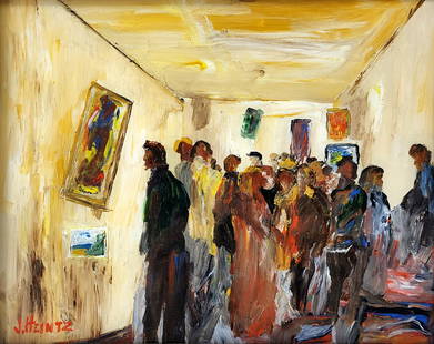 Jack Heintz Reverse Painted on Glass Art Gallery: Impressionist painting of people in an art gallery signed J. Heintz. Reverse painted on glass with bio on backside. Measures 14" x 16" total.